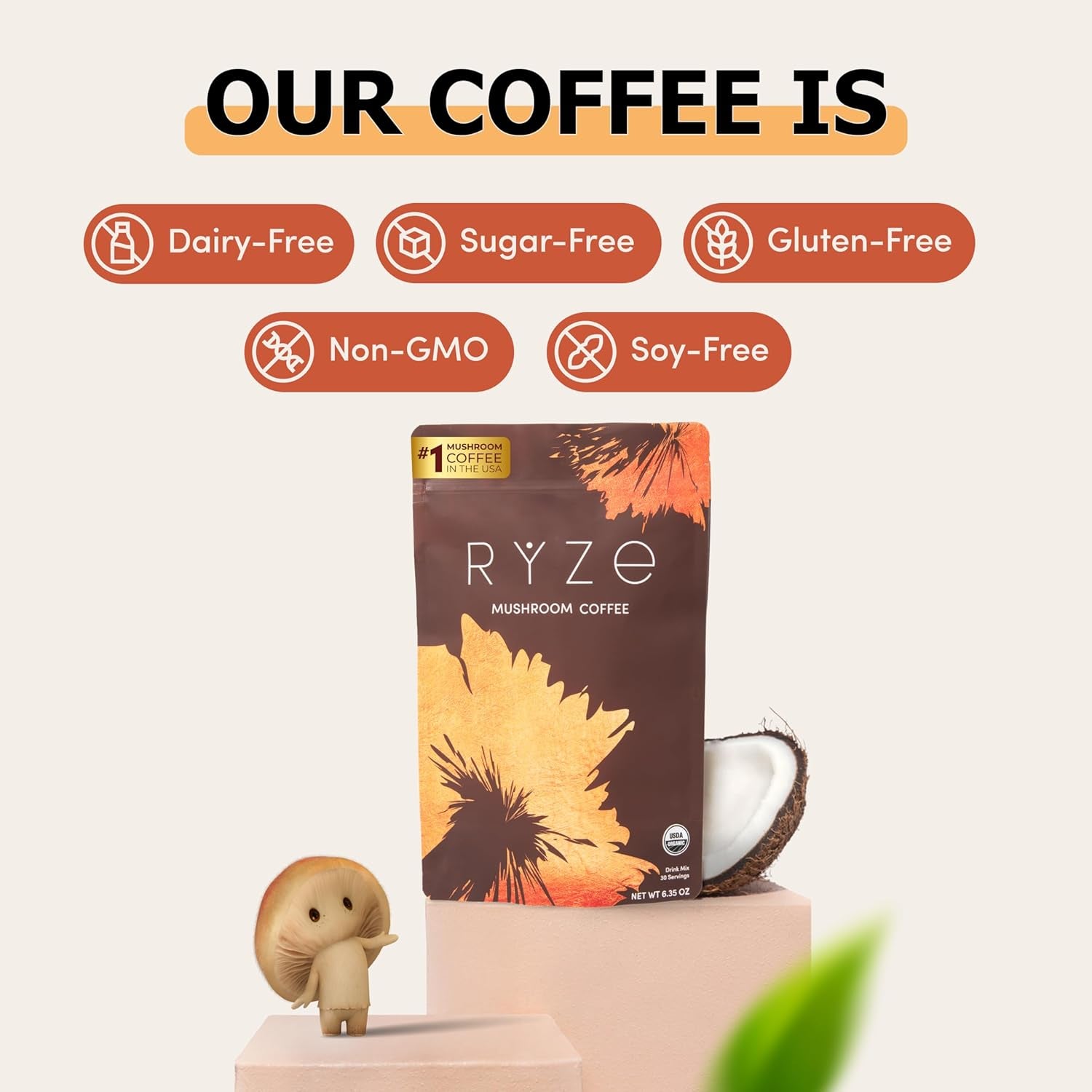 Mushroom Coffee USDA Organic with 6 Adaptogenic Mushrooms and MCT Oil, USA Grown Instant Coffee for Better Energy, Focus, Digestion, Immunity with Lions Mane & Turkey Tail, 30 Servings
