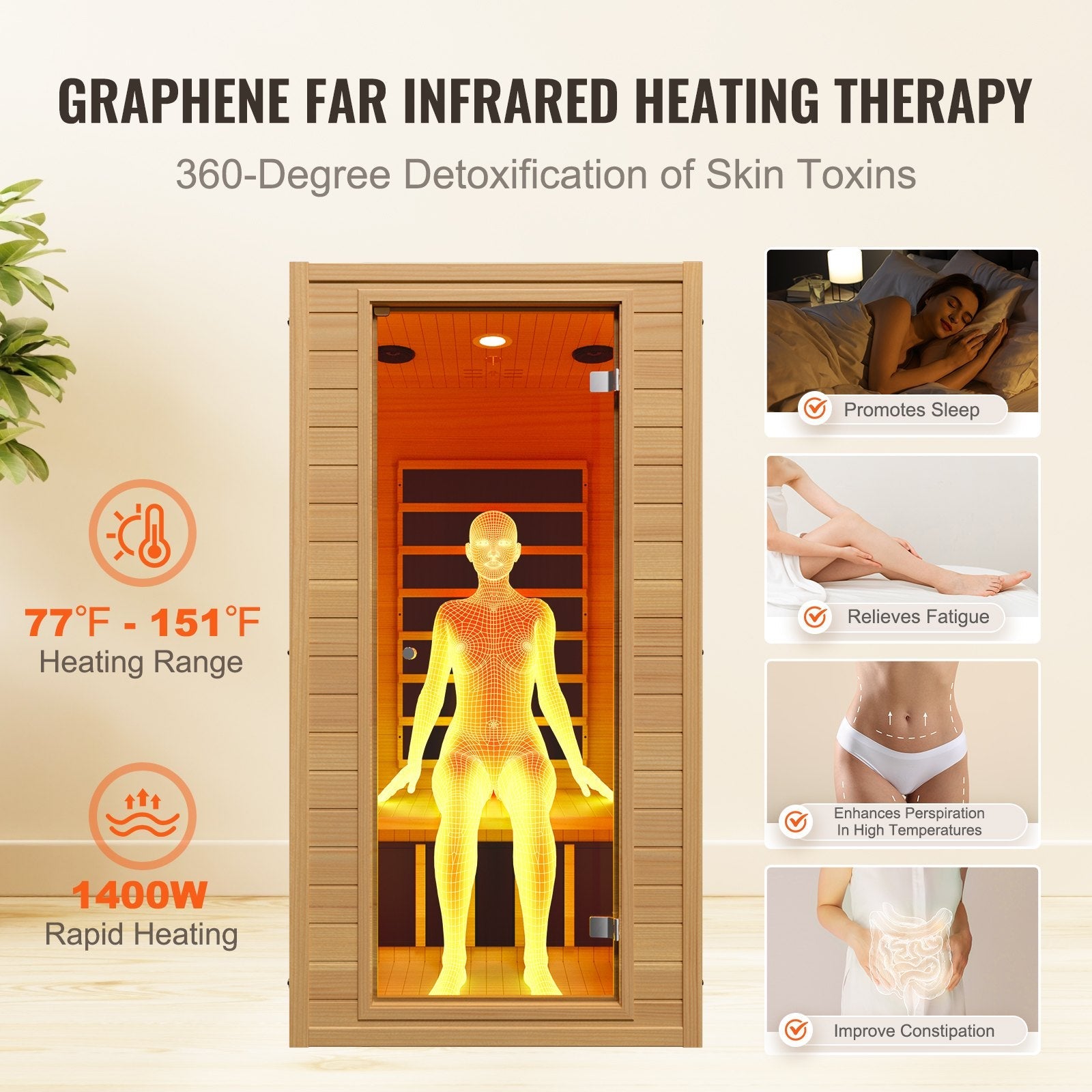 1400W Far Infrared Wooden Sauna Room Home Spa for 1 to 2 Person