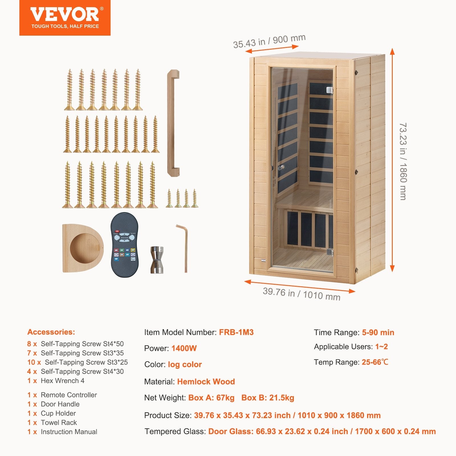 1400W Far Infrared Wooden Sauna Room Home Spa for 1 to 2 Person