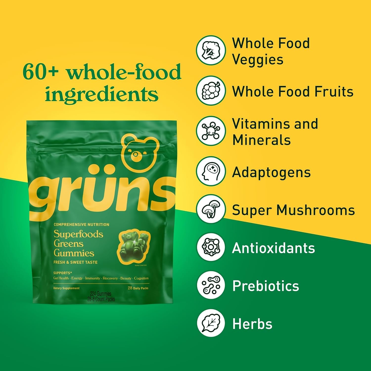 Adults Super Greens Gummies, Multivitamin Superfood Gummy Bears with Spirulina, Chlorella, Prebiotics & Fiber for Digestive Health, Adaptogens Supplement with 20 Vitamins & Minerals, 28 Count