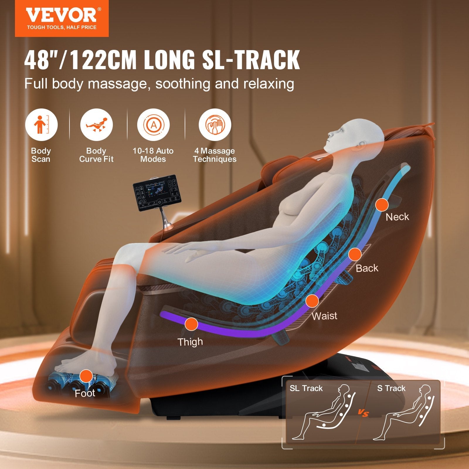 Advanced Full Body Zero Gravity Massage Chair with 3D Shiatsu, SL-Track, 10-18 Auto Modes, Heating, Bluetooth, Airbag, Foot Roller, and Touch Screen