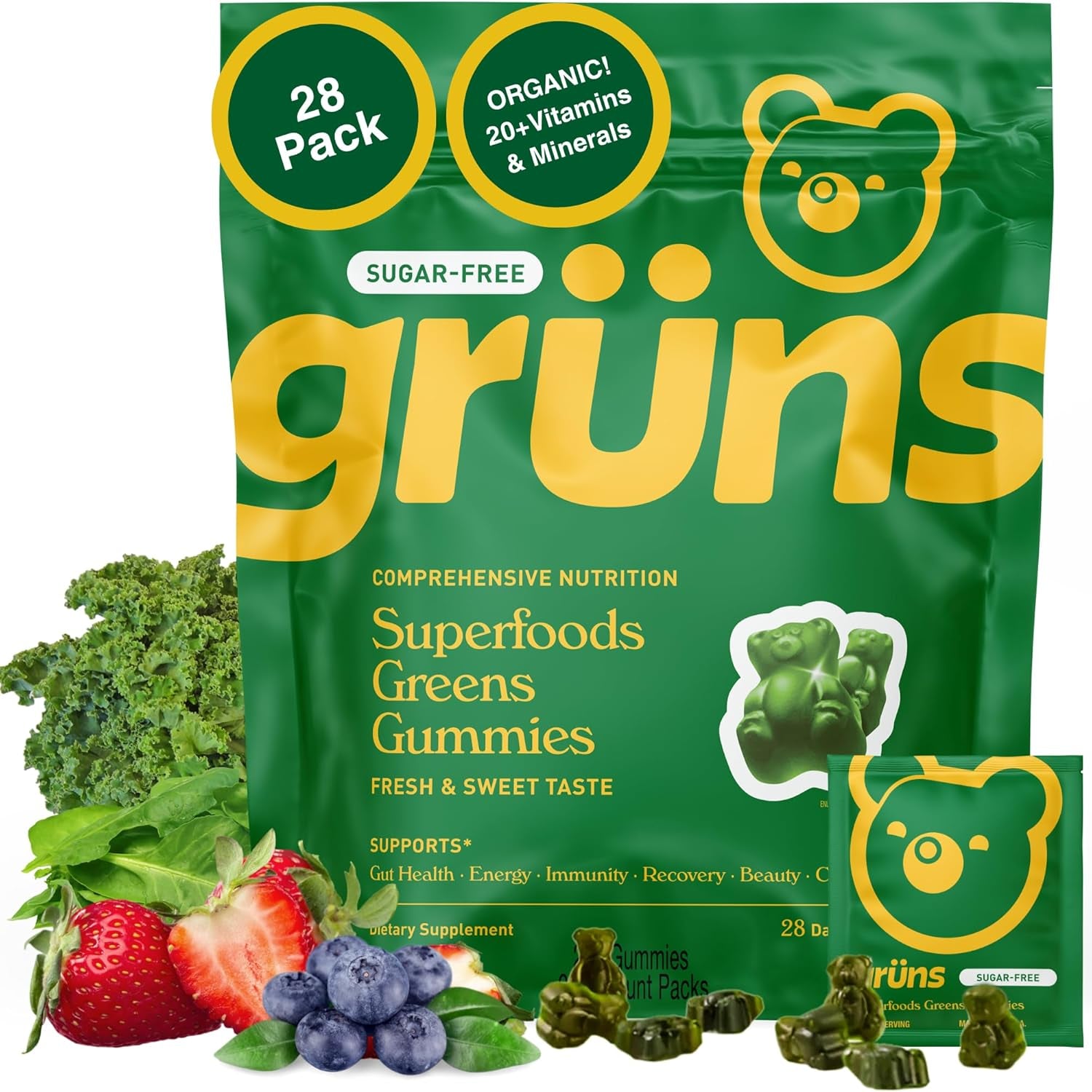 Adults Super Greens Gummies, Multivitamin Superfood Gummy Bears with Spirulina, Chlorella, Prebiotics & Fiber for Digestive Health, Adaptogens Supplement with 20 Vitamins & Minerals, 28 Count
