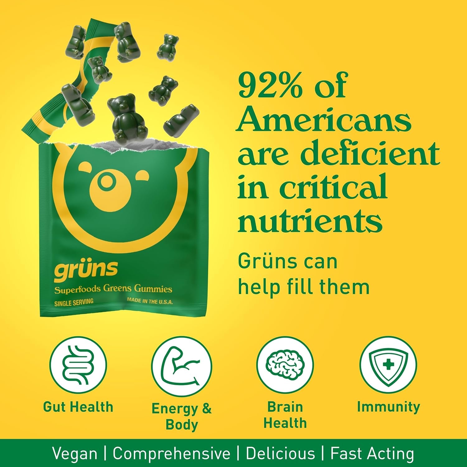 Adults Super Greens Gummies, Multivitamin Superfood Gummy Bears with Spirulina, Chlorella, Prebiotics & Fiber for Digestive Health, Adaptogens Supplement with 20 Vitamins & Minerals, 28 Count