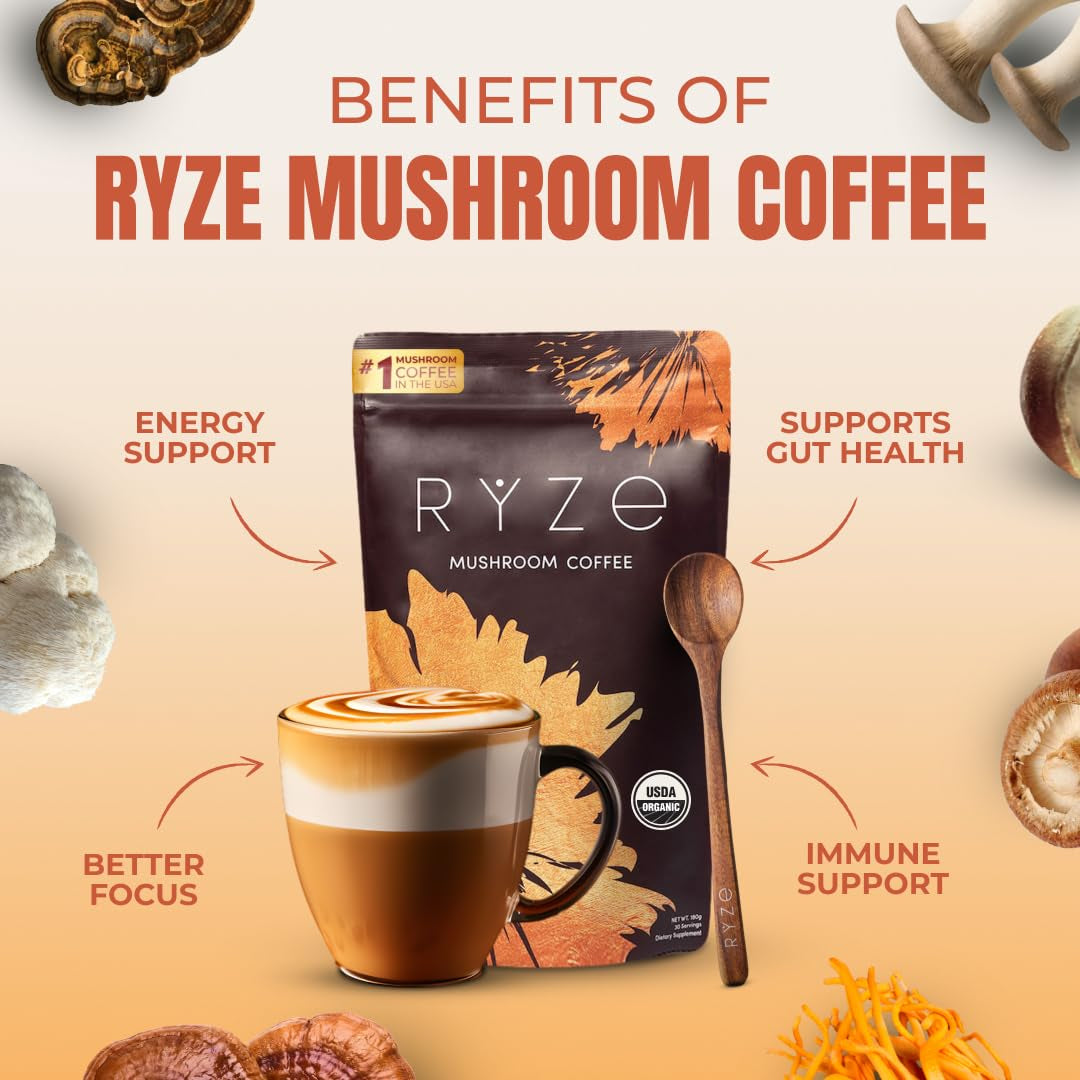 Mushroom Coffee USDA Organic with 6 Adaptogenic Mushrooms and MCT Oil, USA Grown Instant Coffee for Better Energy, Focus, Digestion, Immunity with Lions Mane & Turkey Tail, 30 Servings