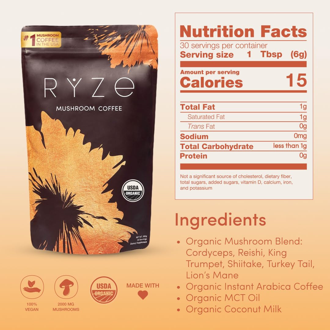 Mushroom Coffee USDA Organic with 6 Adaptogenic Mushrooms and MCT Oil, USA Grown Instant Coffee for Better Energy, Focus, Digestion, Immunity with Lions Mane & Turkey Tail, 30 Servings