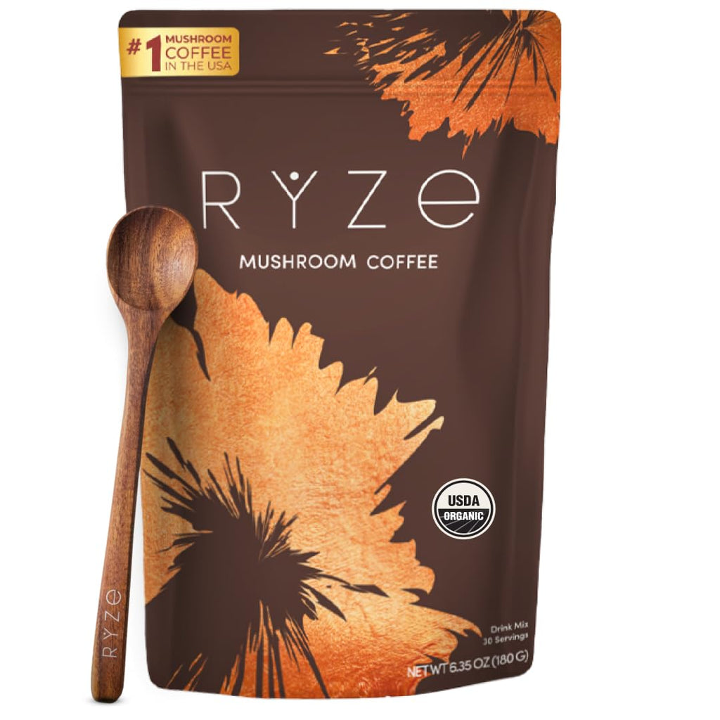 Mushroom Coffee USDA Organic with 6 Adaptogenic Mushrooms and MCT Oil, USA Grown Instant Coffee for Better Energy, Focus, Digestion, Immunity with Lions Mane & Turkey Tail, 30 Servings