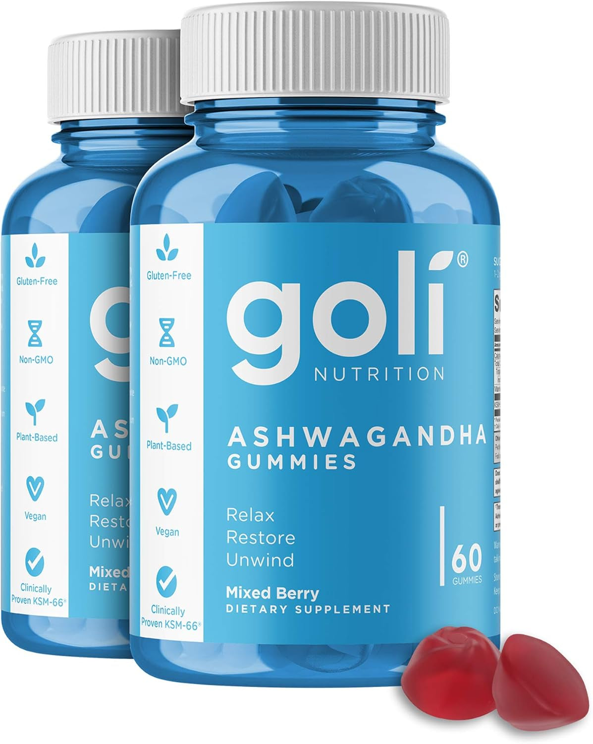 Ashwagandha & Vitamin D Gummy - 60 Count - Mixed Berry, KSM-66, Vegan, Plant Based, Non-Gmo, Gluten-Free & Gelatin Free Relax. Restore. Unwind, Pack of 1